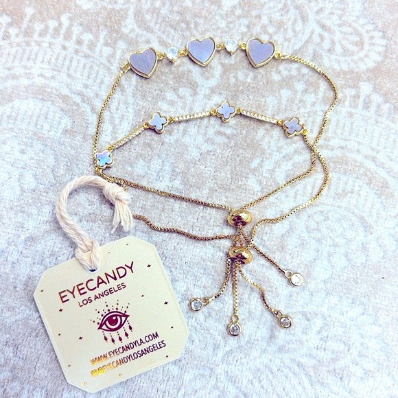 Brand New Eye Candy Set of 2 Gold Tone Adjustable Bracelets Hearts Clovers - Picture 2 of 13